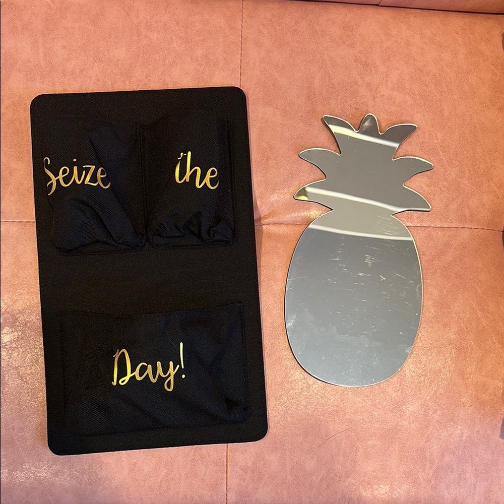 Black Wall Organizer with Gold Text and Pineapple Mirror